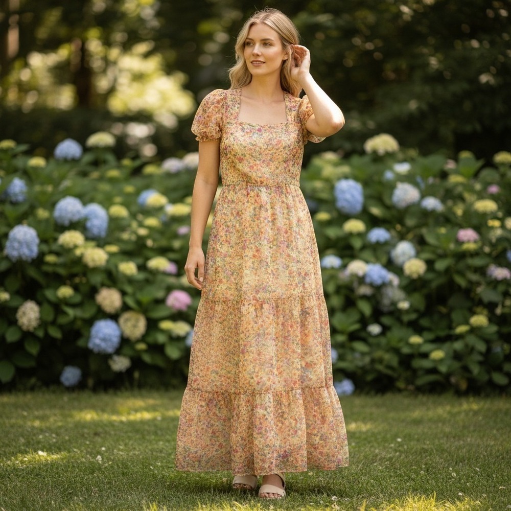 Vero Moda Floral Maxi Dress Womens XS Yellow VMKAYA Cap Sleeve Tiered Ankle